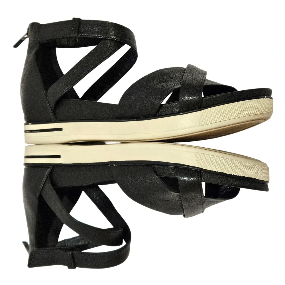 Black Leather‎ Eileen Fisher Sally Platform Wedge Crisscross Sandals Size 9.5